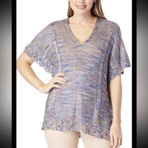 Democracy V-Neck Regular Size S/M Sweater Women's Multicolor Crochet Trim, NEW